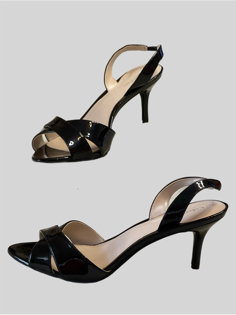 Calvin Klein Lucette Black 9.5 Patent Slingback Kitten Heel Sandals Sleek Chic